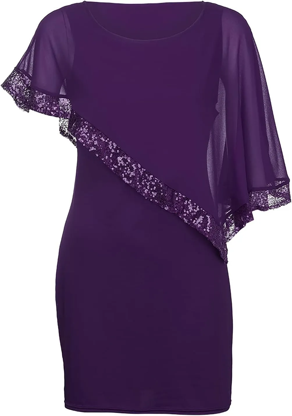 Plus Size Dresses for Curvy Women Sequin Splicing Strapless Chiffon Round Neck Cape Dress Bodycon Gown, S-5XL