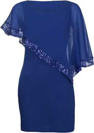 Plus Size Dresses for Curvy Women Sequin Splicing Strapless Chiffon Round Neck Cape Dress Bodycon Gown, S-5XL