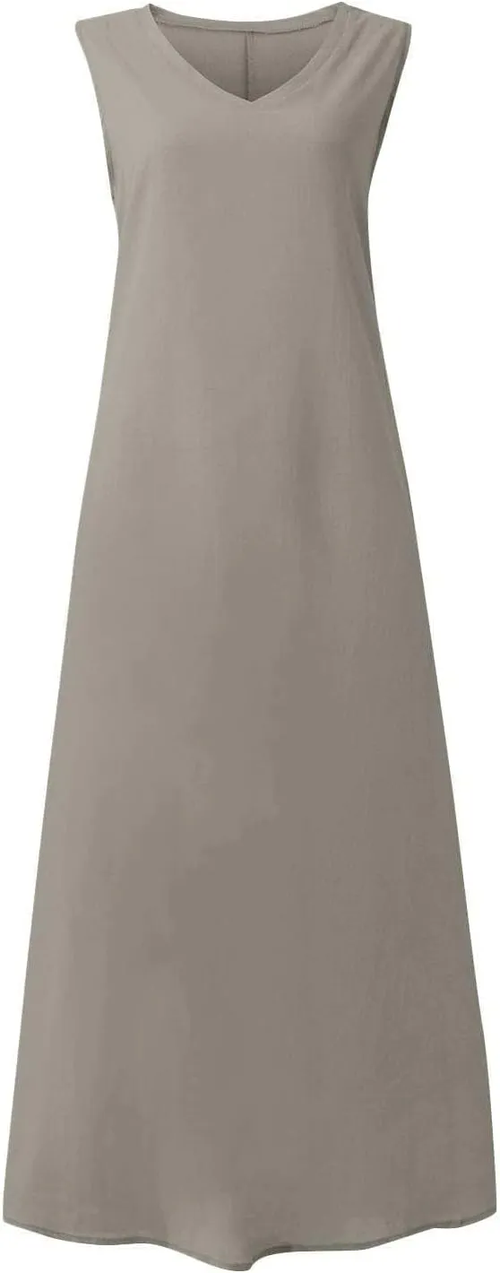 Plus Size Linen Dress for Women Summer Sleeveless Tank Dress Caual Long Flowy Dress Beach Sundresses