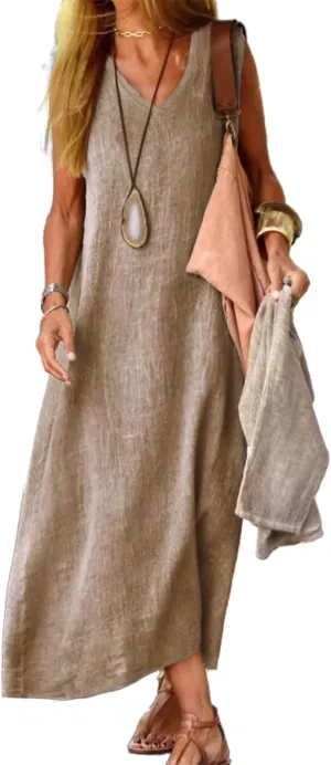 Plus Size Linen Dress for Women Summer Sleeveless Tank Dress Caual Long Flowy Dress Beach Sundresses