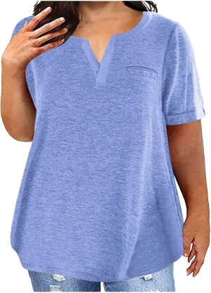 Plus Size Shirts For Women V Neck Loose Fit Summer Tshirts Short Sleeve Solid Color Fashion Blouse Comfy Tunic Tops