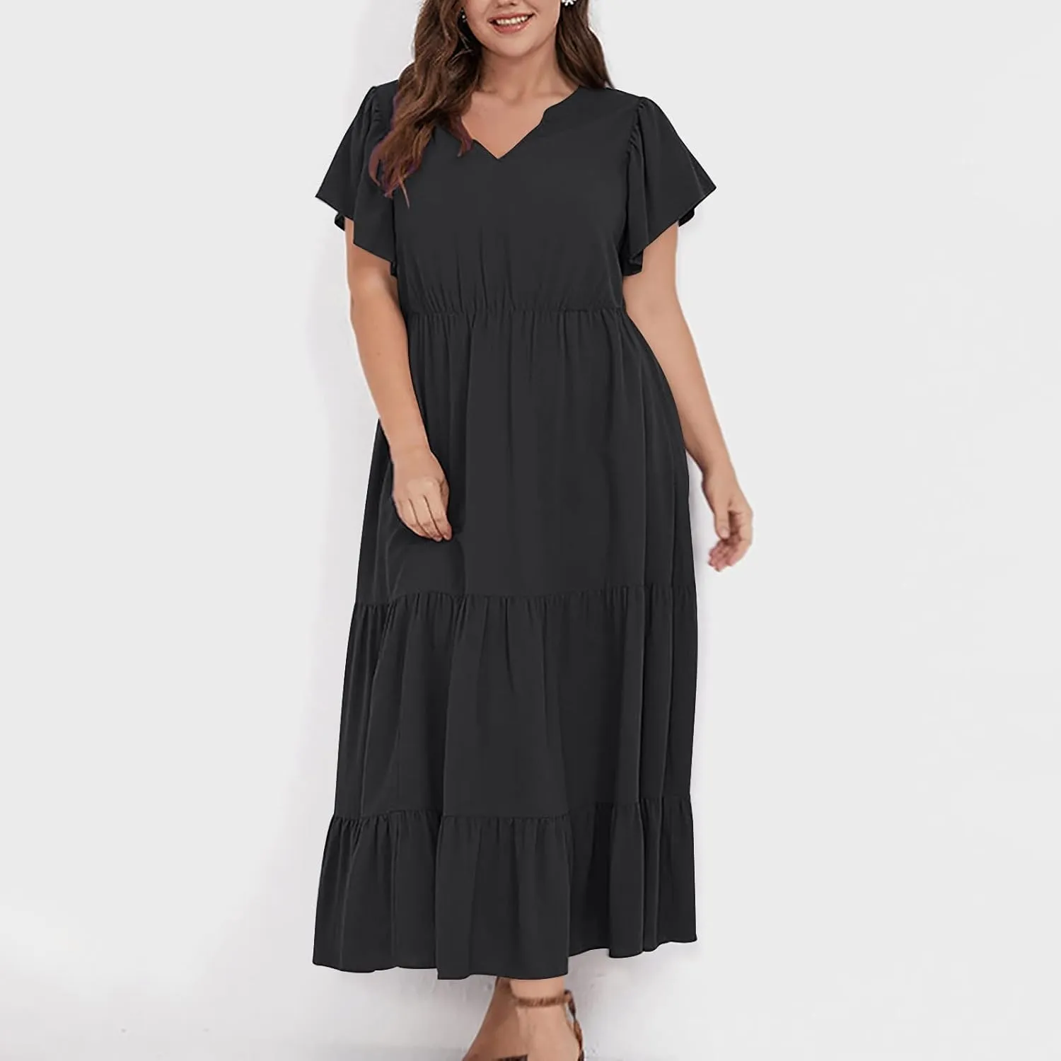 Plus Size Summer Dress for Women, Ruffle Short Sleeve V Neck Swing Dress Flowy Boho Casual A-Line Tiered Midi Dresses