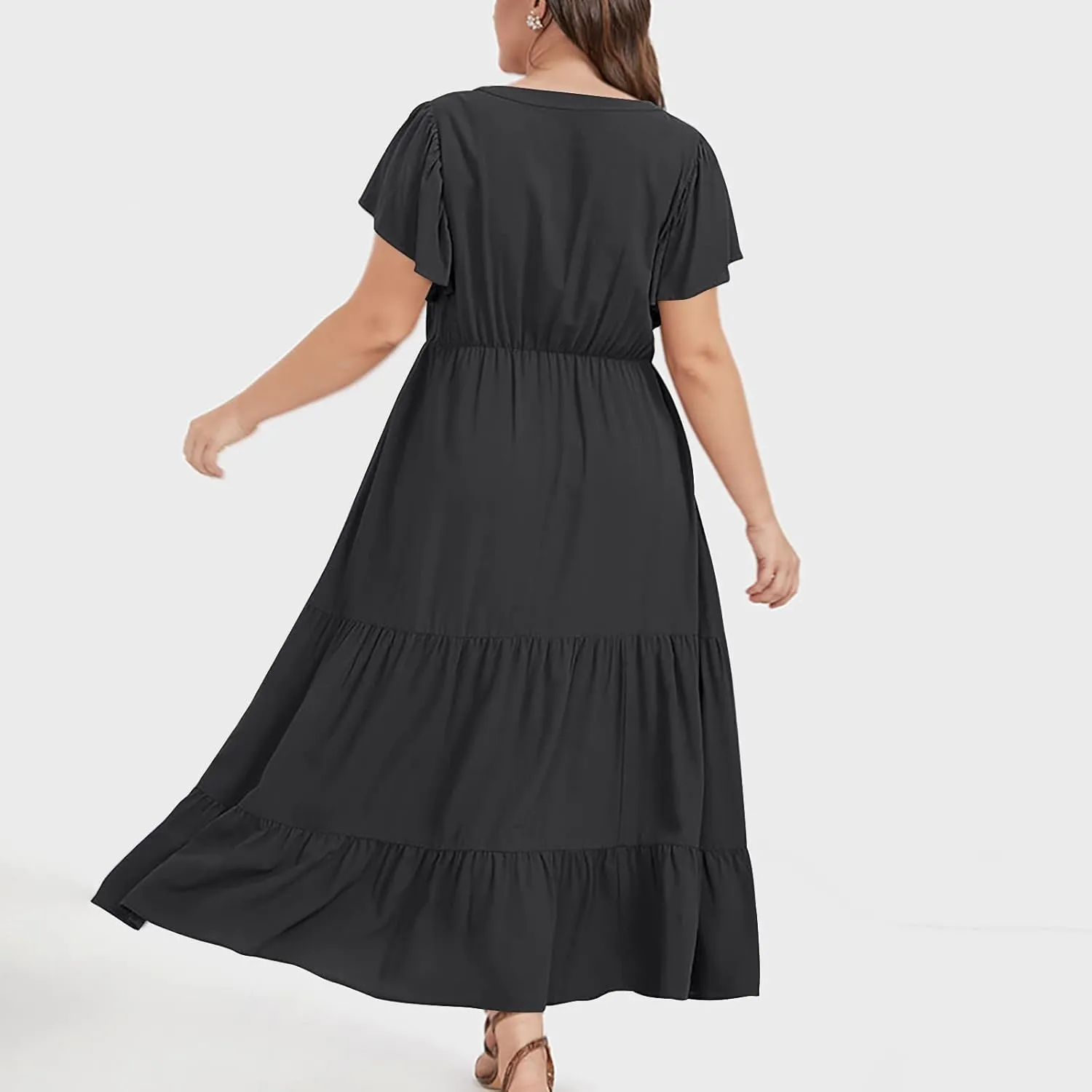 Plus Size Summer Dress for Women, Ruffle Short Sleeve V Neck Swing Dress Flowy Boho Casual A-Line Tiered Midi Dresses