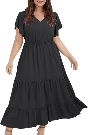 Plus Size Summer Dress for Women, Ruffle Short Sleeve V Neck Swing Dress Flowy Boho Casual A-Line Tiered Midi Dresses