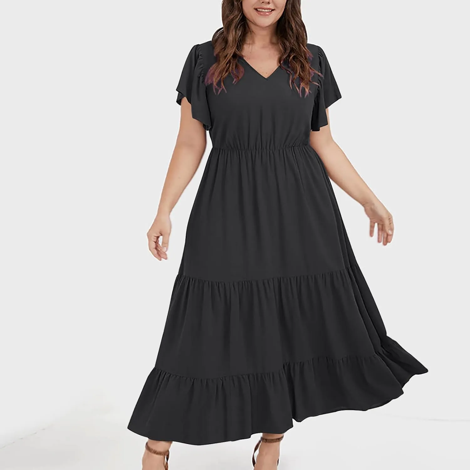 Plus Size Summer Dress for Women, Ruffle Short Sleeve V Neck Swing Dress Flowy Boho Casual A-Line Tiered Midi Dresses