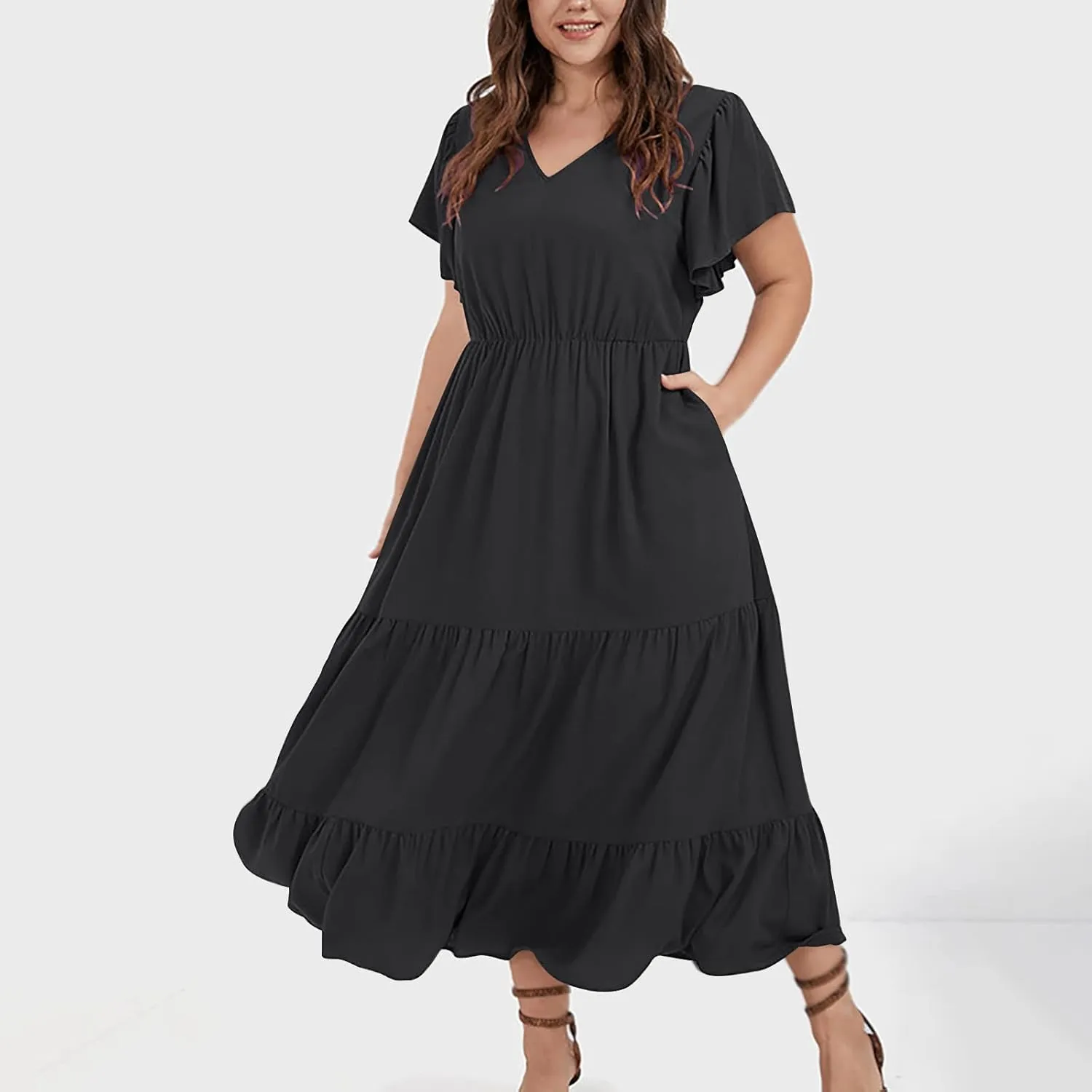 Plus Size Summer Dress for Women, Ruffle Short Sleeve V Neck Swing Dress Flowy Boho Casual A-Line Tiered Midi Dresses