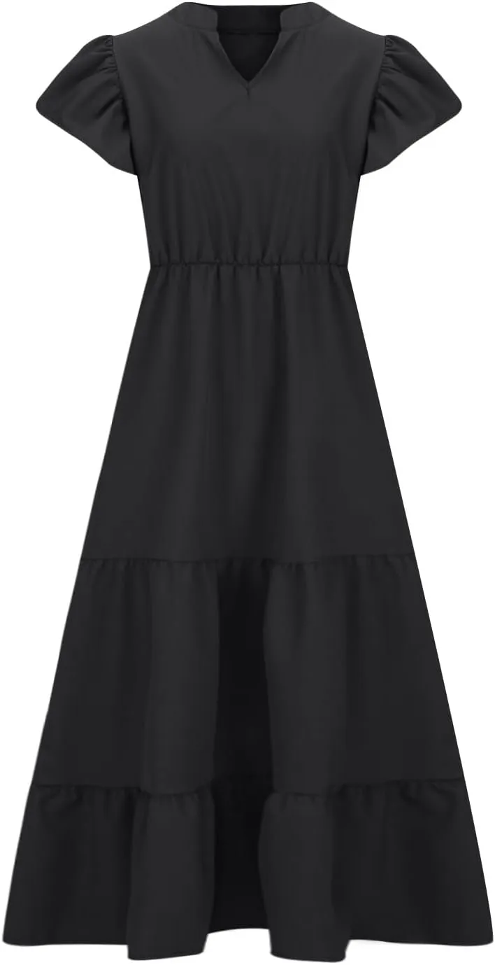 Plus Size Summer Dress for Women, Ruffle Short Sleeve V Neck Swing Dress Flowy Boho Casual A-Line Tiered Midi Dresses