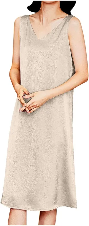 Plus Size Summer Dresses for Women Long Satin Casual Work Tank Dress Fashion Sleeveless Solid Color Dresses M-4XL