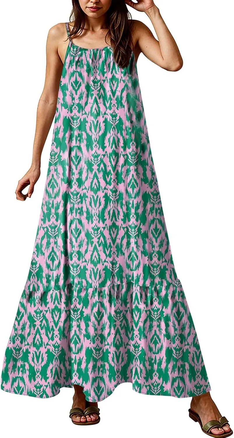 Plus Size Summer Dresses for Women Spaghetti Strap Sleeveless Maxi Dress Floor Length Bohemian Casual Formal Dress