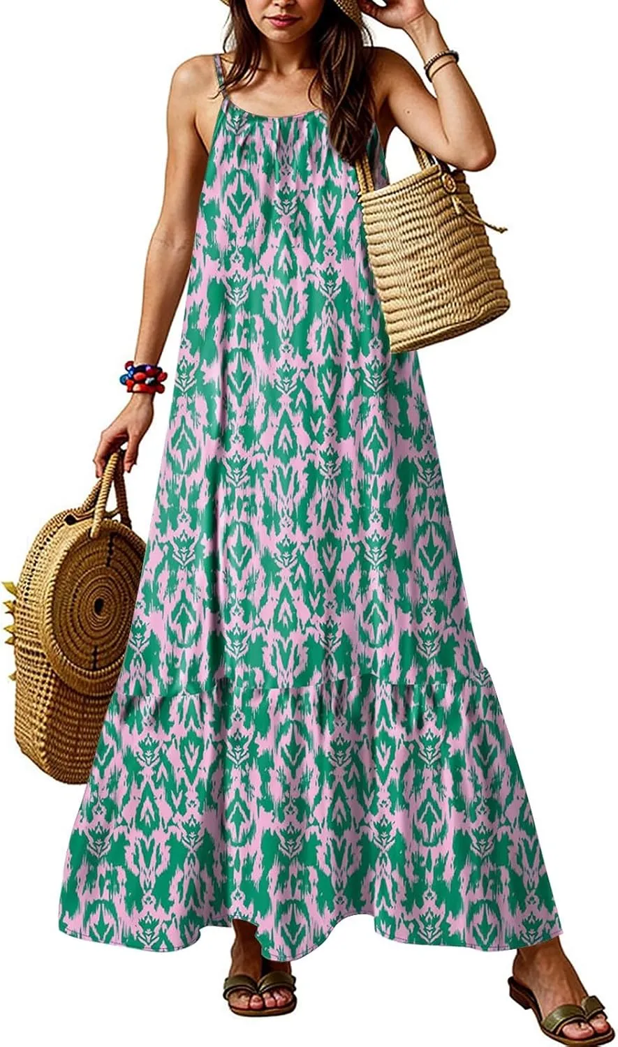 Plus Size Summer Dresses for Women Spaghetti Strap Sleeveless Maxi Dress Floor Length Bohemian Casual Formal Dress