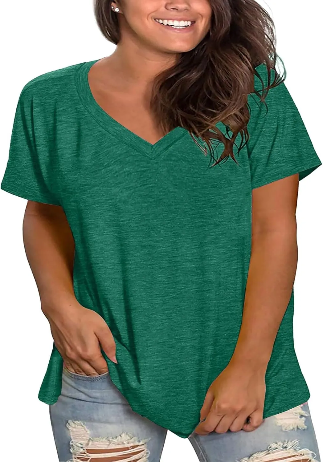 Plus Size V Neck T Shirts Womens Solid Color Short Sleeve Tops Casual Summer Tshirts Loose Fit Tee