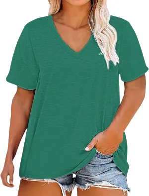 Plus Size V Neck T Shirts Womens Solid Color Short Sleeve Tops Casual Summer Tshirts Loose Fit Tee