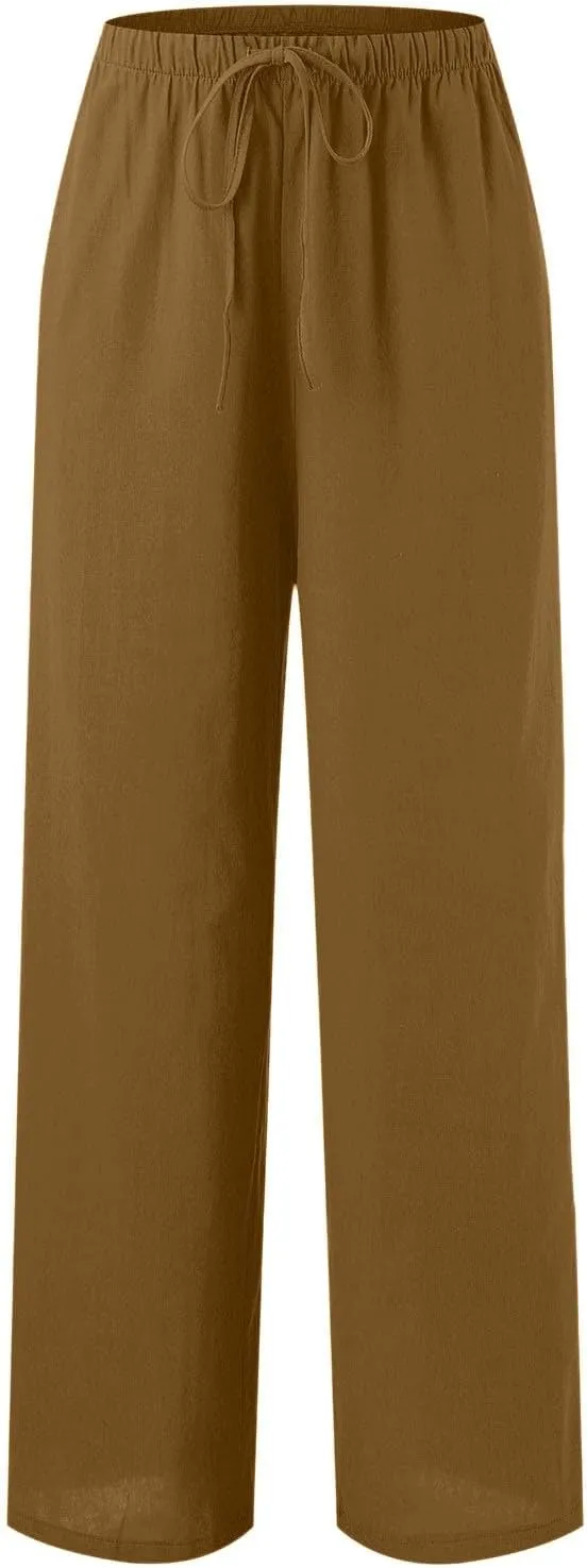 PTOLOCIF Linen Pants Women Summer,Wide Leg Capri Palazzo Pants Cotton Linen Pants Elastic Waist Casual Comfy Lounge Pants