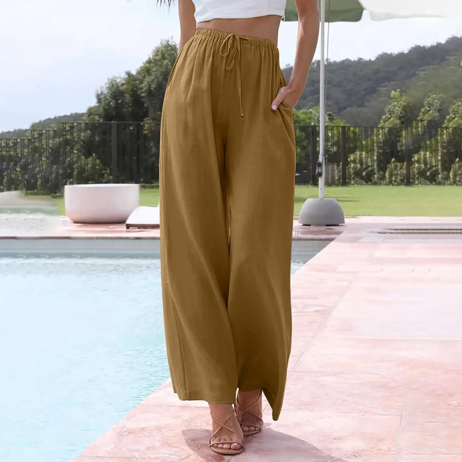 PTOLOCIF Linen Pants Women Summer,Wide Leg Capri Palazzo Pants Cotton Linen Pants Elastic Waist Casual Comfy Lounge Pants
