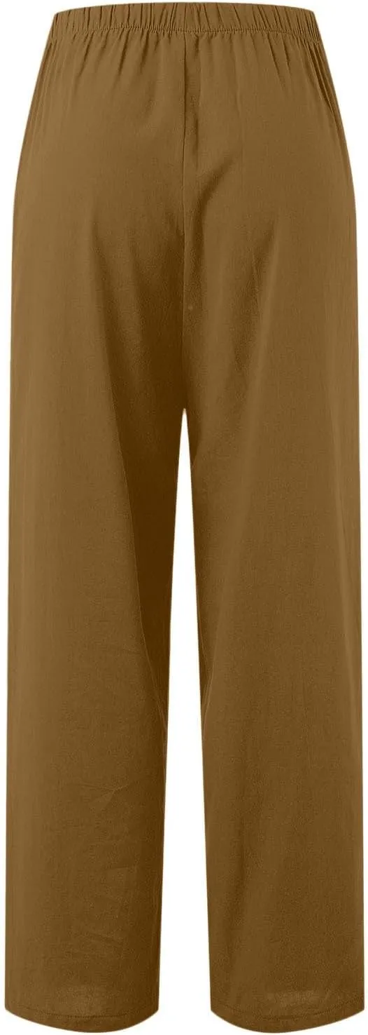 PTOLOCIF Linen Pants Women Summer,Wide Leg Capri Palazzo Pants Cotton Linen Pants Elastic Waist Casual Comfy Lounge Pants