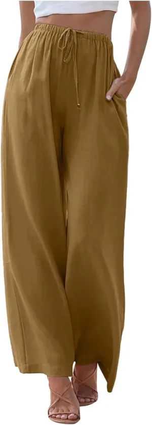 PTOLOCIF Linen Pants Women Summer,Wide Leg Capri Palazzo Pants Cotton Linen Pants Elastic Waist Casual Comfy Lounge Pants
