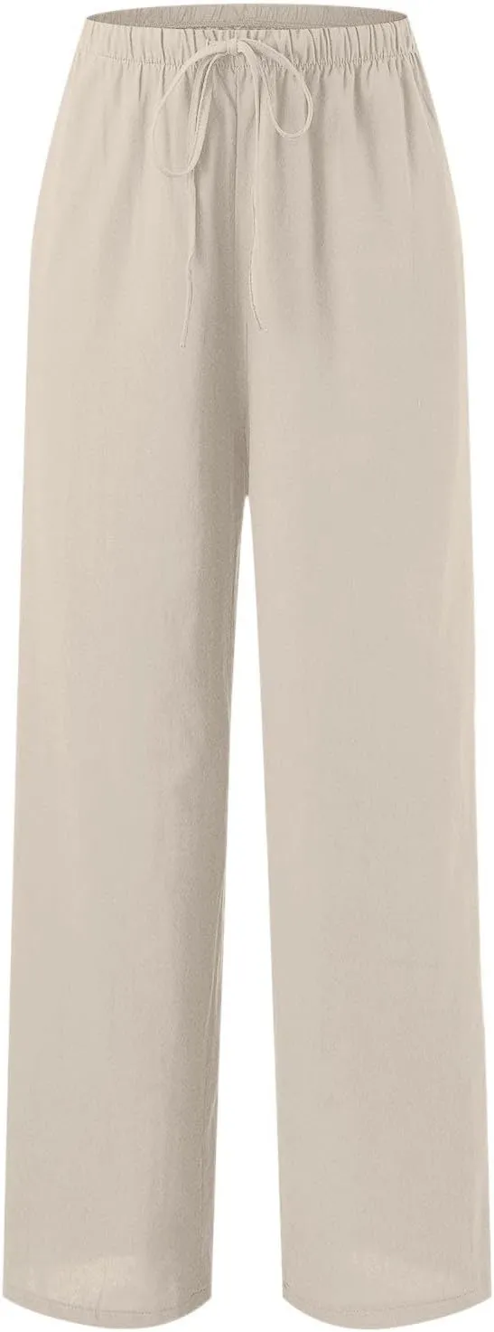 PTOLOCIF Linen Pants Women Summer,Wide Leg Capri Palazzo Pants Cotton Linen Pants Elastic Waist Casual Comfy Lounge Pants