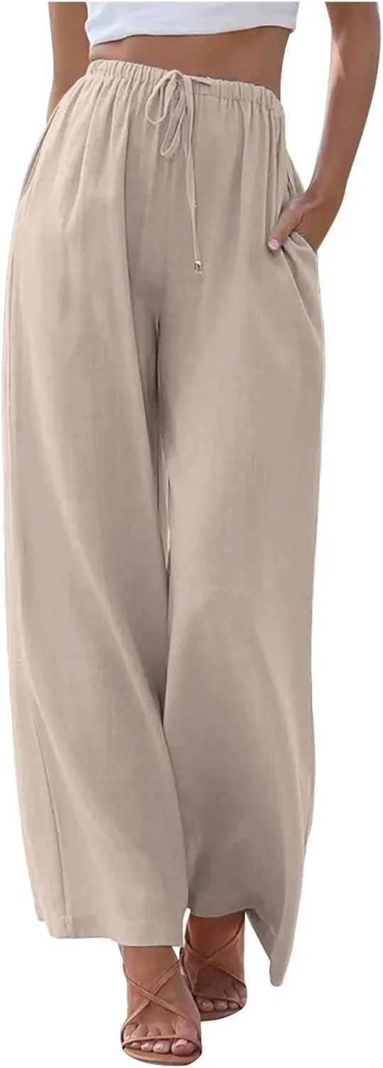 PTOLOCIF Linen Pants Women Summer,Wide Leg Capri Palazzo Pants Cotton Linen Pants Elastic Waist Casual Comfy Lounge Pants