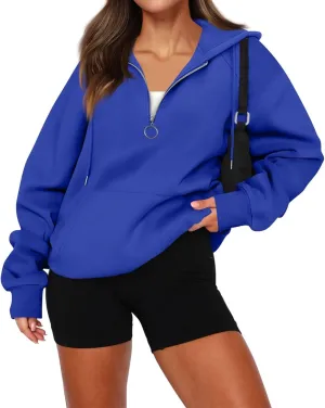 Quarter Zip Pullover Women,2024 Fall Casual Loose Oversized Hoodies Plain Long Sleeve Shirts With Kangaroo Pockets