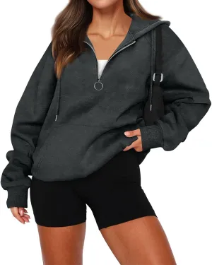 Quarter Zip Pullover Women,2024 Fall Casual Loose Oversized Hoodies Plain Long Sleeve Shirts With Kangaroo Pockets