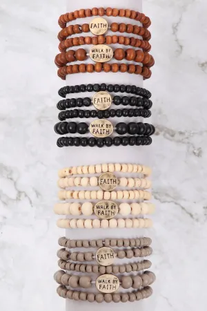 "FAITH" WOOD STACKABLE BEADED BRACELET/6PCS
