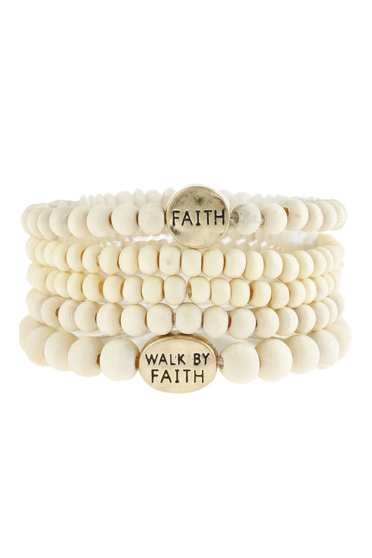 "FAITH" WOOD STACKABLE BEADED BRACELET/6PCS