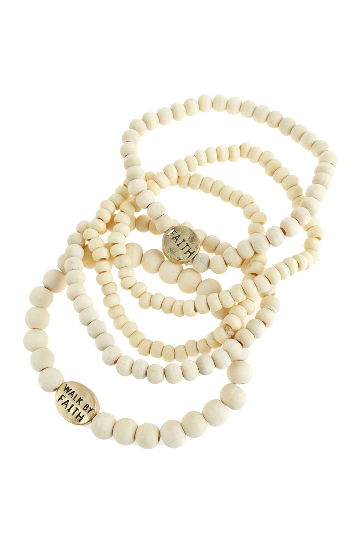 "FAITH" WOOD STACKABLE BEADED BRACELET/6PCS