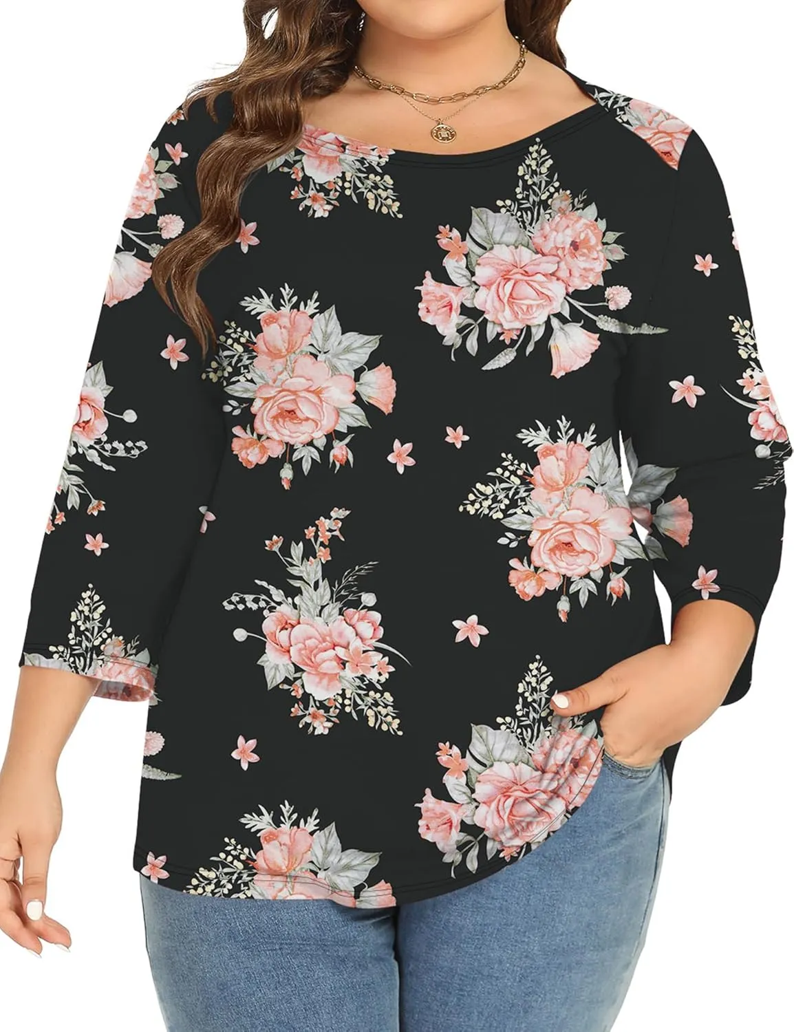 Rapbin Womens Plus Size 3/4 Length Sleeve Tops Boat Neck Loose Fit Tee Tunic Blouse XL-5XL