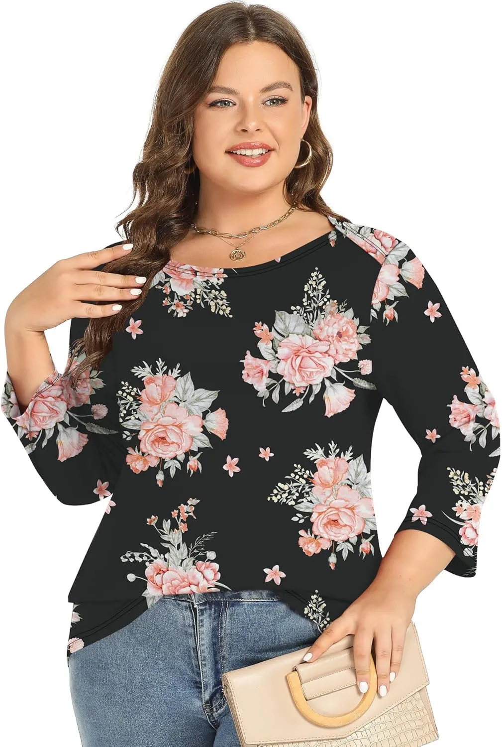 Rapbin Womens Plus Size 3/4 Length Sleeve Tops Boat Neck Loose Fit Tee Tunic Blouse XL-5XL