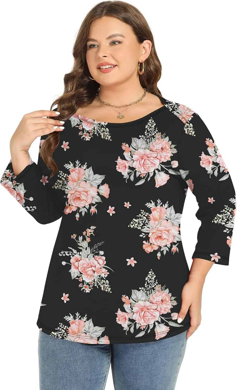 Rapbin Womens Plus Size 3/4 Length Sleeve Tops Boat Neck Loose Fit Tee Tunic Blouse XL-5XL