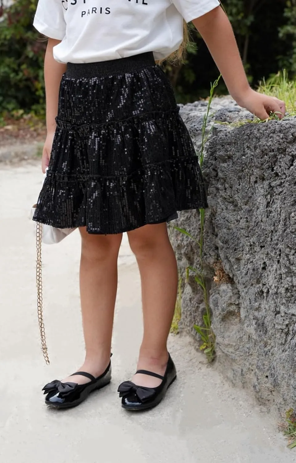 Rolanko Girls Sequin Skirt A-line Tiered Pleated Sparkly Skirt Elastic Waist Metallic Skirt for Party 5-12 Years