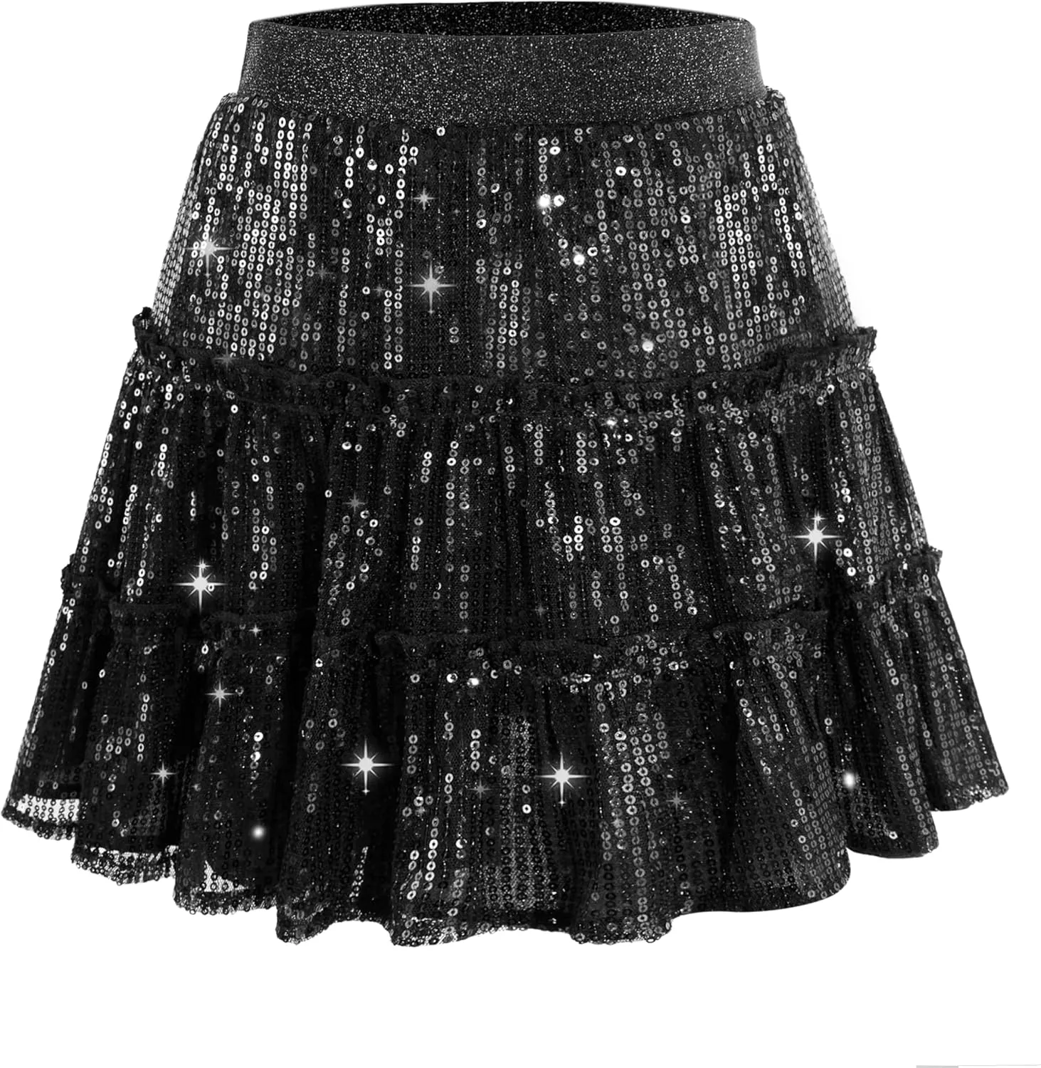 Rolanko Girls Sequin Skirt A-line Tiered Pleated Sparkly Skirt Elastic Waist Metallic Skirt for Party 5-12 Years