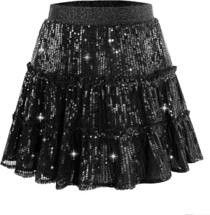 Rolanko Girls Sequin Skirt A-line Tiered Pleated Sparkly Skirt Elastic Waist Metallic Skirt for Party 5-12 Years