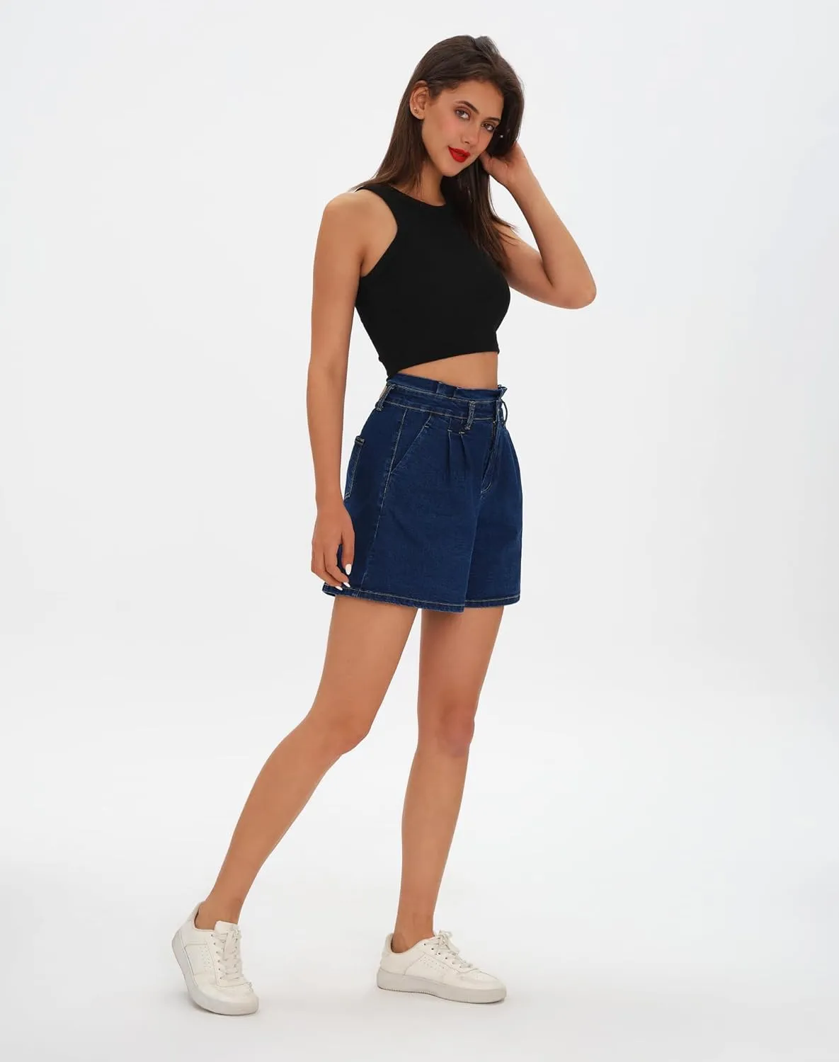 roswear Womens High Waisted Stretchy Wide Leg Denim Baggy Jean Shorts