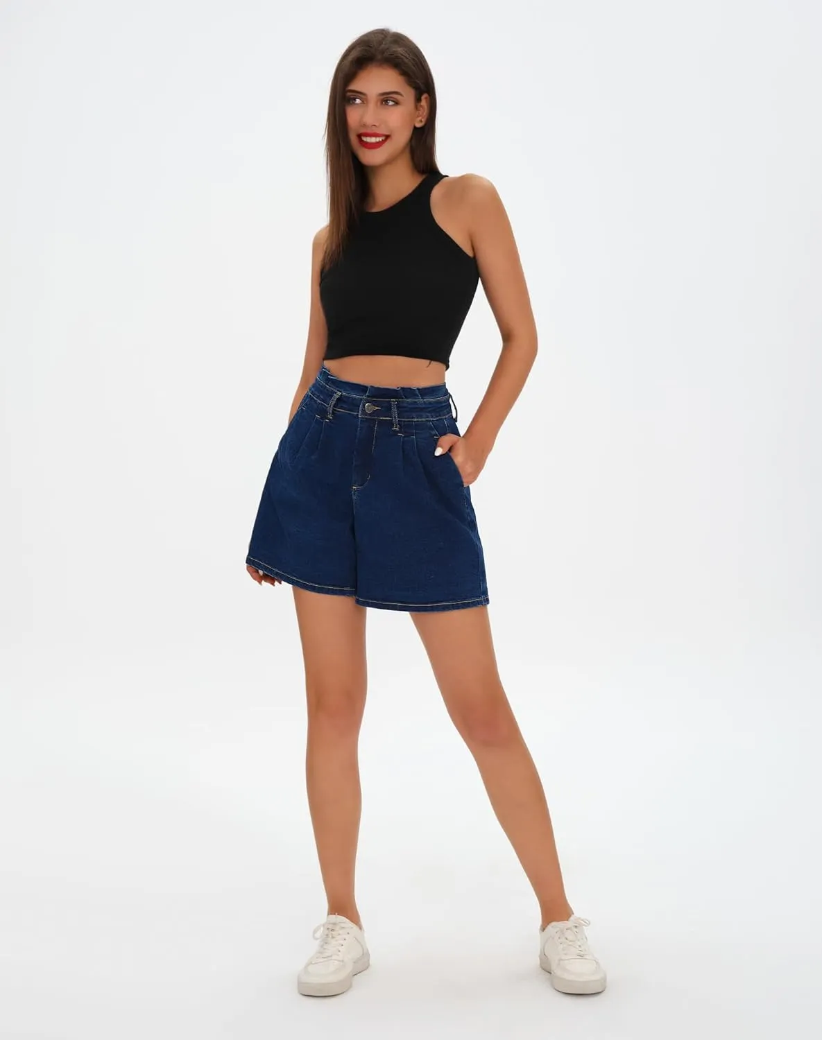 roswear Womens High Waisted Stretchy Wide Leg Denim Baggy Jean Shorts