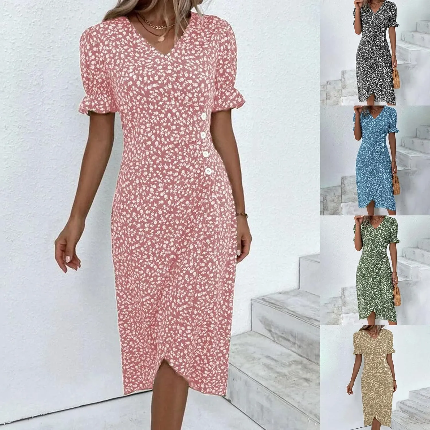 RTPR Beach Wrap Chiffon V Neck Flower Print Short Sleeve, Floral Polka Dot Button Bubble Sleeve Irregular Hem Dress