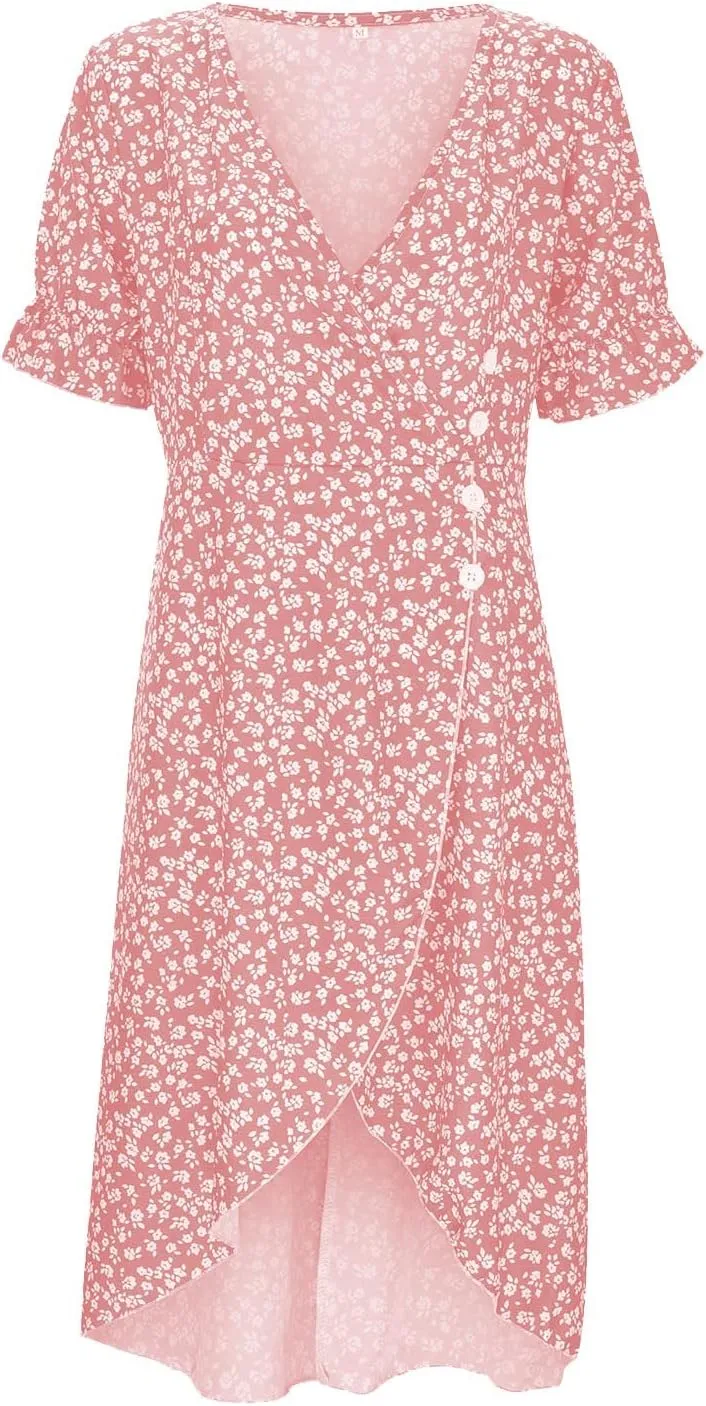 RTPR Beach Wrap Chiffon V Neck Flower Print Short Sleeve, Floral Polka Dot Button Bubble Sleeve Irregular Hem Dress