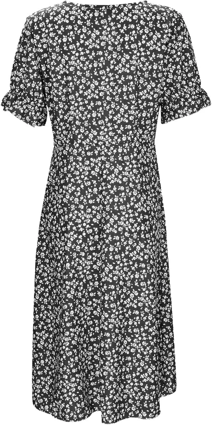 RTPR Beach Wrap Chiffon V Neck Flower Print Short Sleeve, Floral Polka Dot Button Bubble Sleeve Irregular Hem Dress