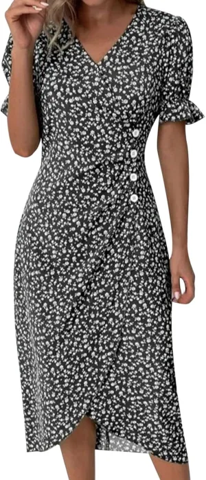 RTPR Beach Wrap Chiffon V Neck Flower Print Short Sleeve, Floral Polka Dot Button Bubble Sleeve Irregular Hem Dress
