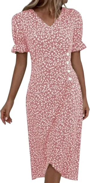 RTPR Beach Wrap Chiffon V Neck Flower Print Short Sleeve, Floral Polka Dot Button Bubble Sleeve Irregular Hem Dress