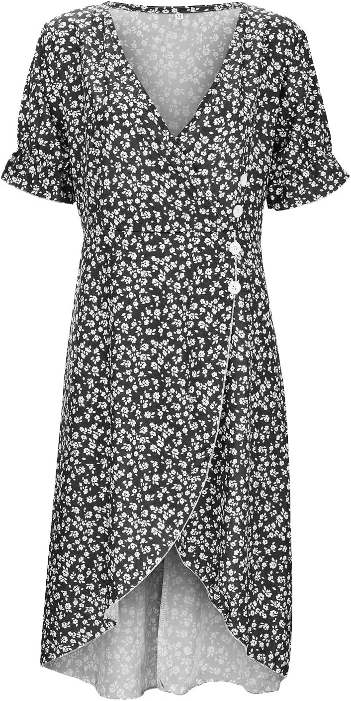 RTPR Beach Wrap Chiffon V Neck Flower Print Short Sleeve, Floral Polka Dot Button Bubble Sleeve Irregular Hem Dress
