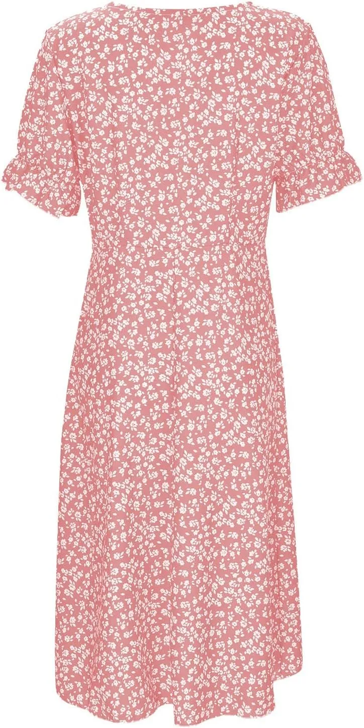 RTPR Beach Wrap Chiffon V Neck Flower Print Short Sleeve, Floral Polka Dot Button Bubble Sleeve Irregular Hem Dress