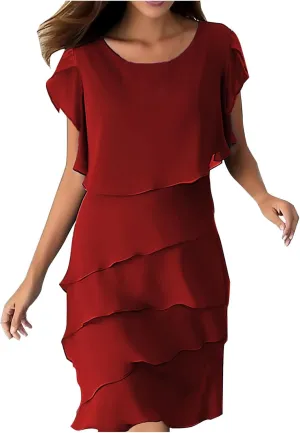 Ruziyoog Women's Chiffon Tiered Cocktail Dress Casual Round Neck Ruffle Sleeve Dress Plus Size Flowy Wedding Guest Dress