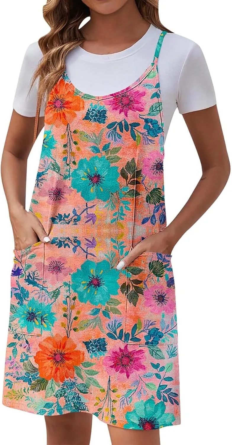 Ruziyoog Womens Summer Dresses Scoop Neck Sleeveless Spaghetti Strap Casual Swing Tank Beach Cover Up Sundress with Pockets