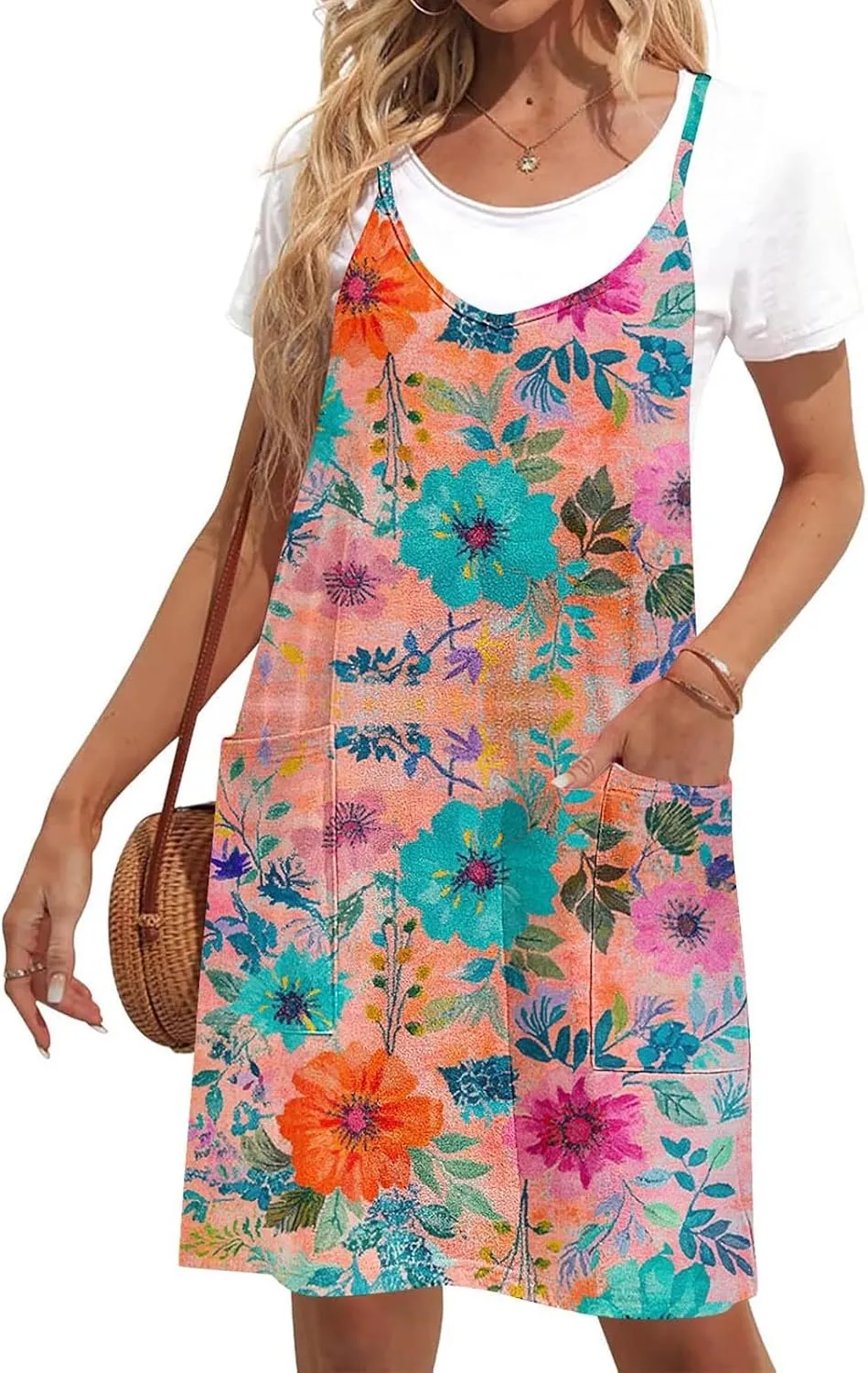 Ruziyoog Womens Summer Dresses Scoop Neck Sleeveless Spaghetti Strap Casual Swing Tank Beach Cover Up Sundress with Pockets