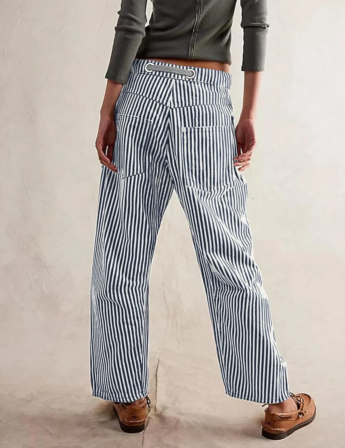 SAFRISIOR Women Striped Patchwork Pants Drawstring Barrel Pant Wide Leg Streetwear Y2k Trousers with Pockets