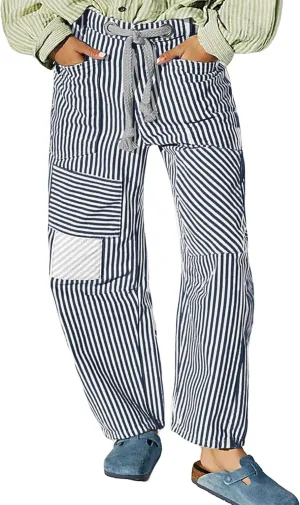 SAFRISIOR Women Striped Patchwork Pants Drawstring Barrel Pant Wide Leg Streetwear Y2k Trousers with Pockets