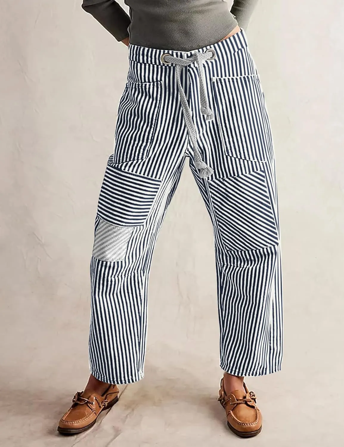 SAFRISIOR Women Striped Patchwork Pants Drawstring Barrel Pant Wide Leg Streetwear Y2k Trousers with Pockets