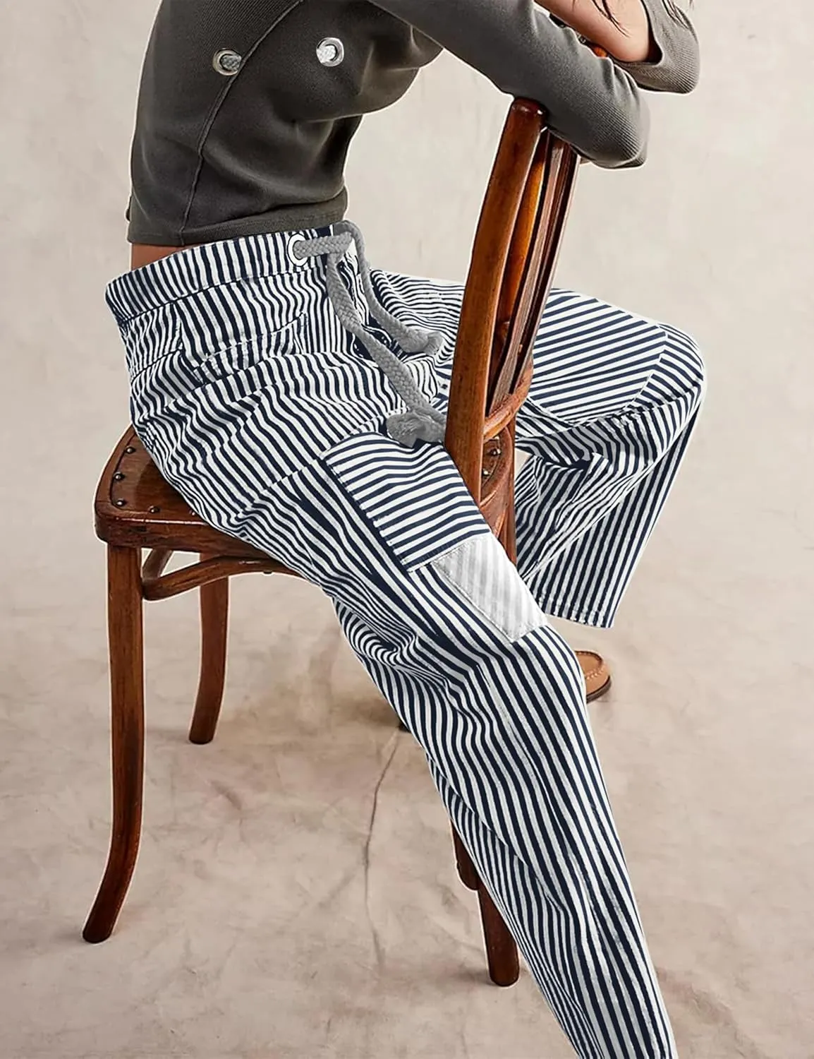 SAFRISIOR Women Striped Patchwork Pants Drawstring Barrel Pant Wide Leg Streetwear Y2k Trousers with Pockets