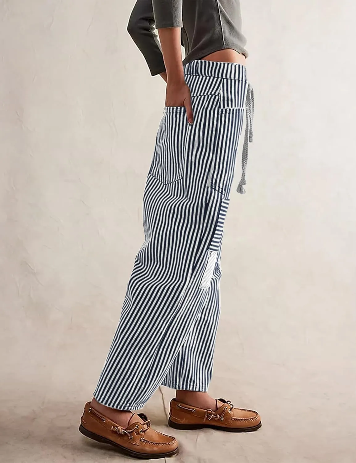 SAFRISIOR Women Striped Patchwork Pants Drawstring Barrel Pant Wide Leg Streetwear Y2k Trousers with Pockets